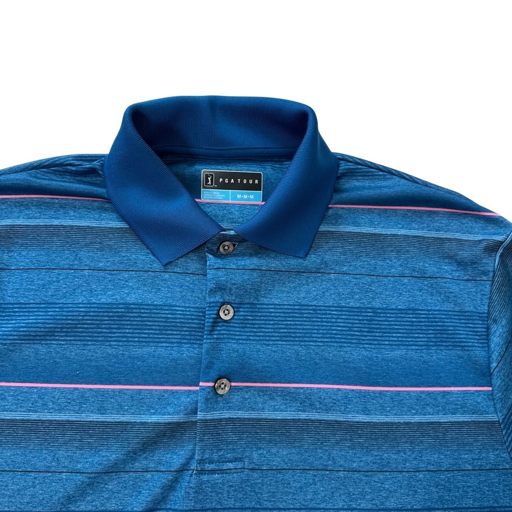 PGA Tour Men's Medium M Blue Striped Golf Polo Shirt Short Sleeve